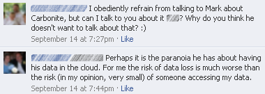 image of Facebook comments about me being paranoid about the cloud