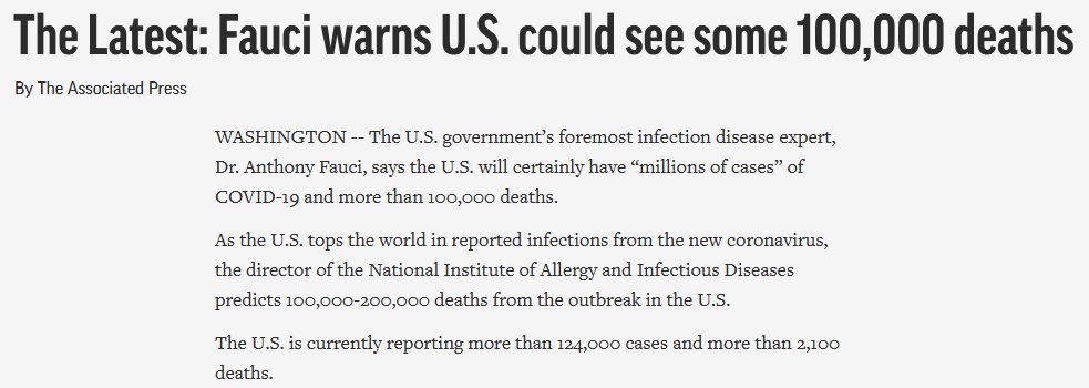 Dr Fauci projects a certainty of at least 100,000 US coronavirus deaths?