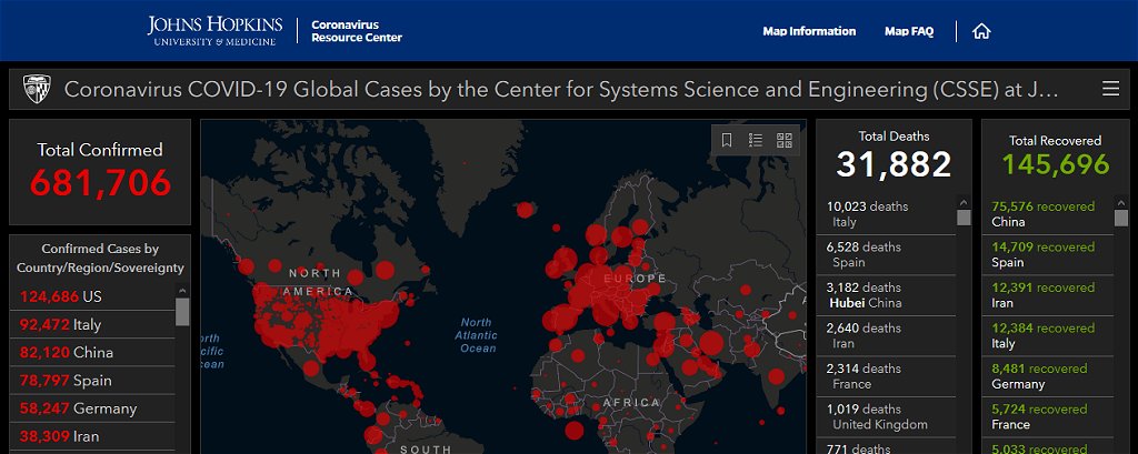 Johns Hopkins Coronavirus map early on 29 March 2020