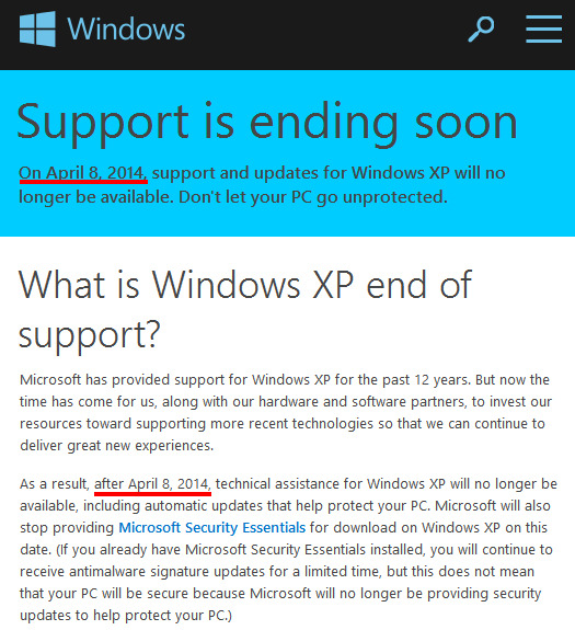 End of support | Windows XP