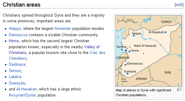 Christian areas in Syria, according to Wikipedia today